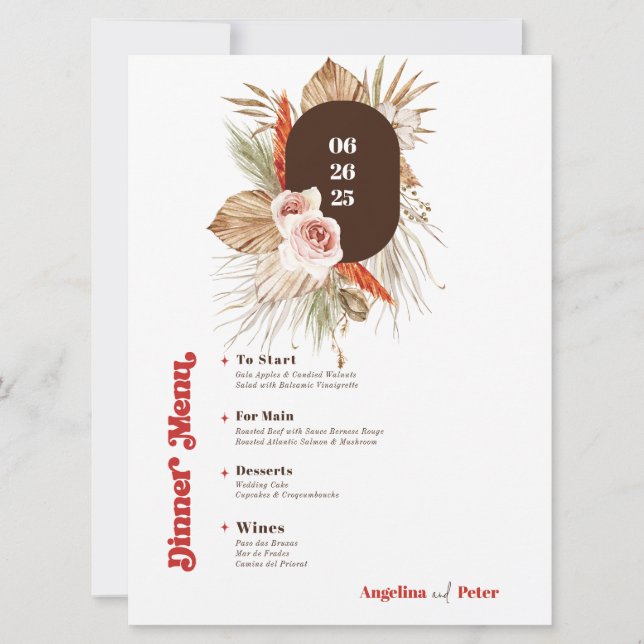 Convites Menu Casamento Safari Desert Boho Flowers (Frente)