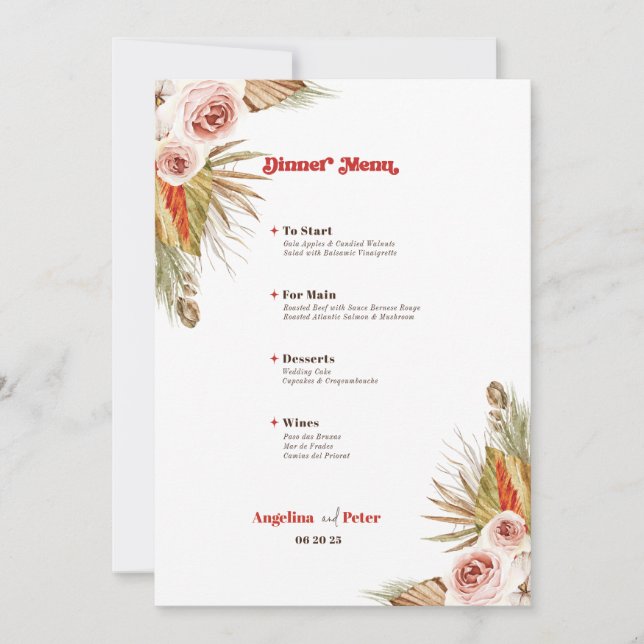 Convites Menu Casamento Safari Desert Boho Flowers (Frente)