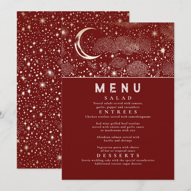 Convites Menu Celestial Starry Night Moon (Frente/Verso)