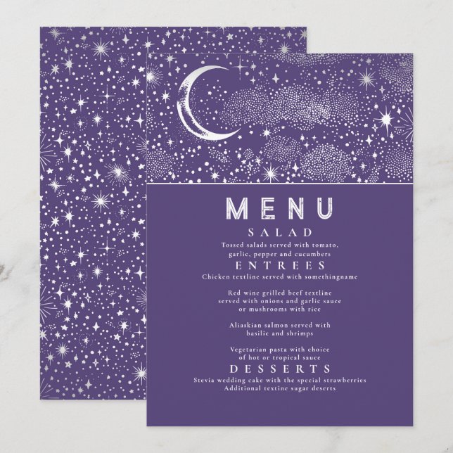 Convites Menu Celestial Starry Night Moon (Frente/Verso)