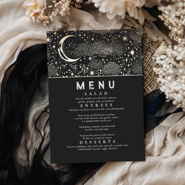 Convites Menu Celestial Starry Night Moon (Celestial Black Menu Cards)