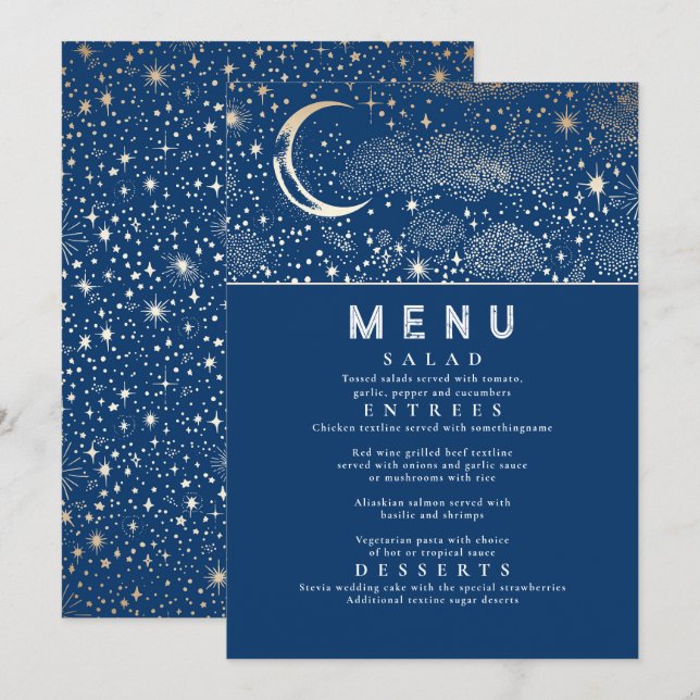 Convites Menu Celestial Starry Night Moon (Frente/Verso)