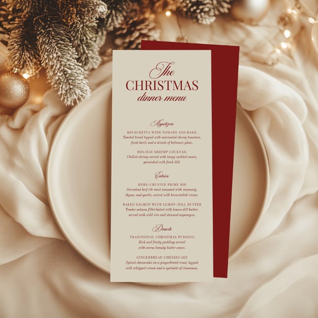 Convites Menu Clássico de Caligrafia Vermelha e Dourada do  (Classic Christmas Red & Gold Calligraphy Menu)