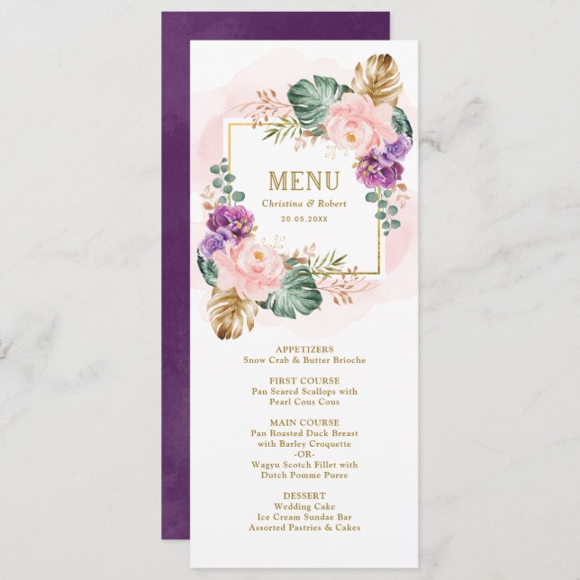 Convites Menu Clássico Floral Blush Violet Casamento (Frente/Verso)