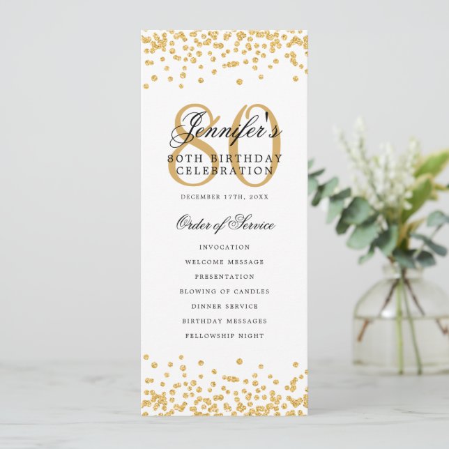 Convites Menu Confetti Dourado do Programa de Aniversário d (Em pé/Frente)