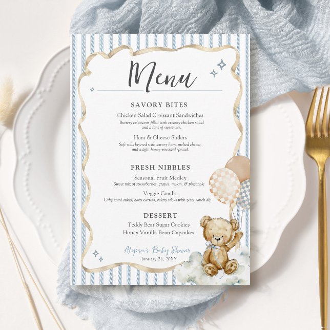 Convites Menu da Festa de Bebê Menino 'Mal Podemos Esperar  (We Can Bearly Wait teddy bear watercolor blue bow & beige ribbon digital baby boy shower menu card)