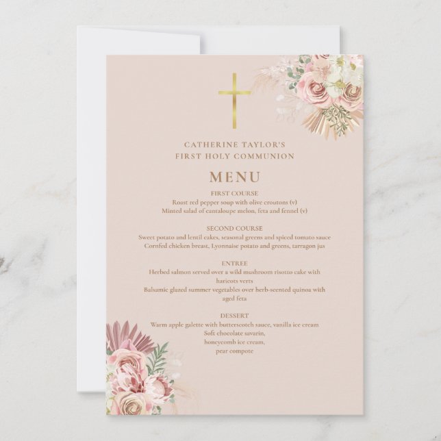 Convites Menu da Primeira Comunhão Floral de Grama das Pamp (Frente)