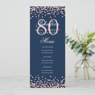 Convites Menu de 80º Aniversário Rose Gold Confete Azul Mar