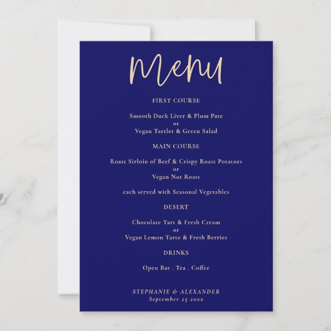 Convites Menu de Casamento Azul do Marinho de Script Dourad (Frente)