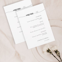 Menu de Casamento Branco e Preto Moderno do Coraçã