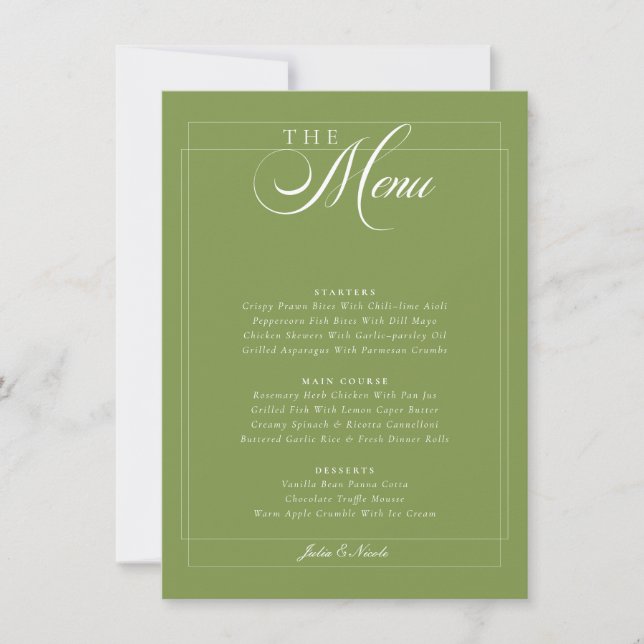 Convites Menu de Casamento Caligrafia Marfim Verde Oliva Cl (Frente)