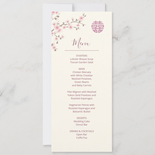 Convites Menu de Casamento Chinês Dusty Pink Cherry Blossom (Frente)