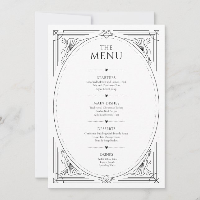 Convites Menu de casamento clássico em preto e branco com m (Frente)