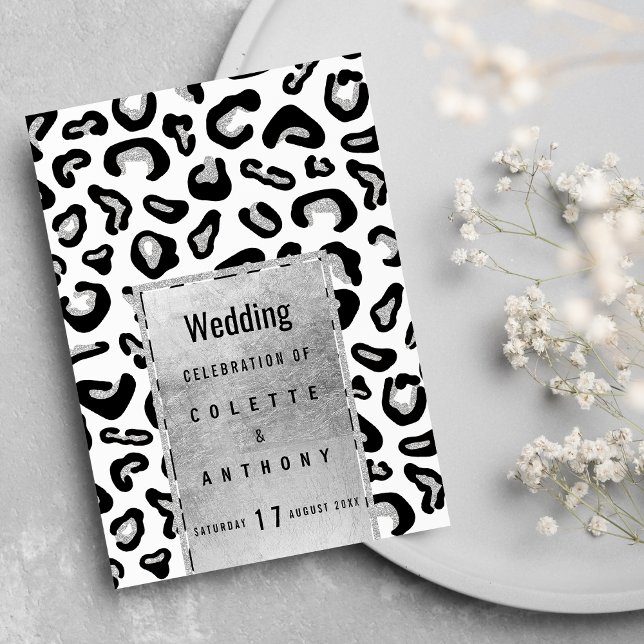 Convites Menu de Casamento da impressão digital prateada pr (Black silver glitter animal print Wedding Menu)