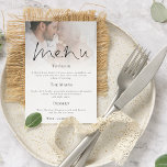 Convites Menu de Casamento de Fotos do Script Moderno<br><div class="desc">Baixar Digital Imprimível ou Menu de Casamento de Fotos de Script Moderno Impresso. Um design elegante com sua foto na borda superior atrás de uma camada de tonalidade graduada com o texto parcialmente sobreposto na parte superior da sua imagem na parte inferior. O cabeçalho principal está em um script na...</div>