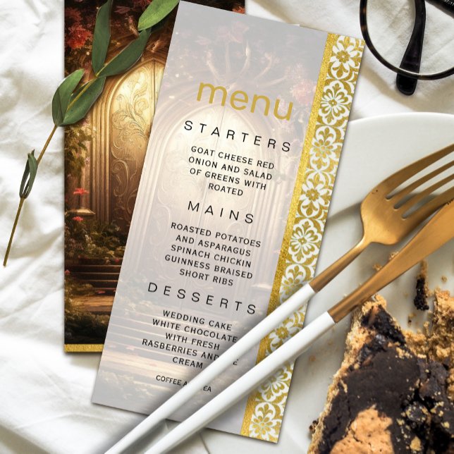 Convites Menu de Casamento de Portas de Jardim Encantado (Enchanted Garden Gate Wedding Menu Invitation #weddingdinner #dreamymenuinvitation #luxurygold)