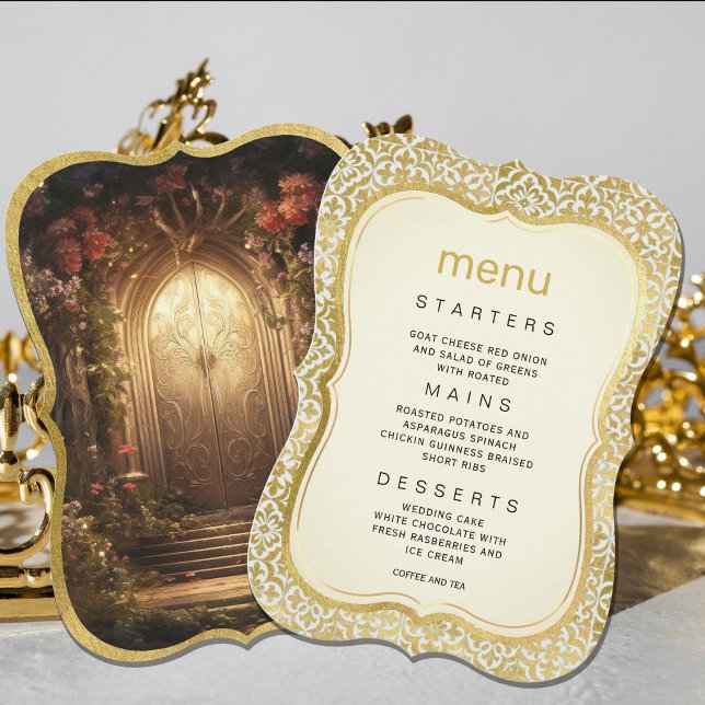 Convites Menu de Casamento de Portas de Jardim Encantado (Enchanted Garden Gate Wedding Menu Invitation #zazzlemade #romanticinvitation #weddingdinner #royal)