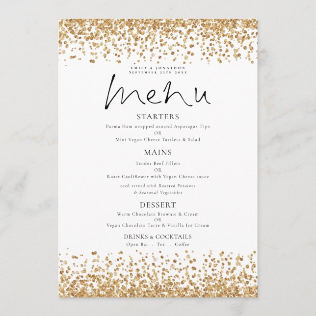 Convites Menu de Casamento de Script Glitter Dourado Imprim (Frente)