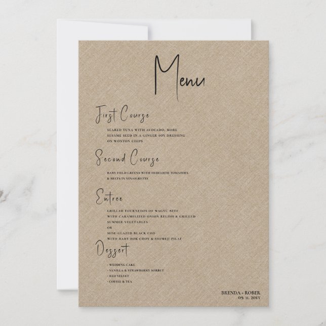 Convites Menu de Casamento de Script Preto Simples Tan Line (Frente)