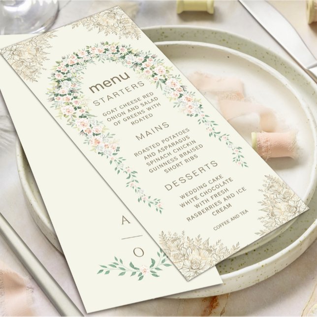 Convites Menu de Casamento do Arco Floral Elegante (Elegant Floral Arch Wedding Menu Invitation #zazzlefinds #softcolormenu #decorativegoldframe #floral)