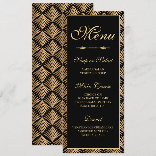 Convites Menu de Casamento do Excelente Negro Dourado Art D (Frente/Verso)