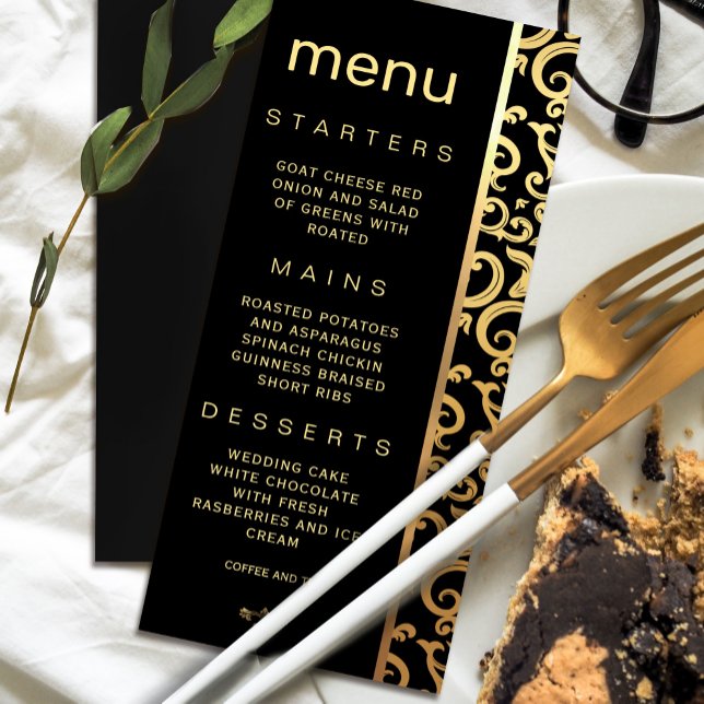 Convites Menu de Casamento do Quadro de Ouro Elegante (Elegant gold Frame Wedding Menu Invitation #zazzlefinds #elegantmenu #blackandgld #decorationframe)