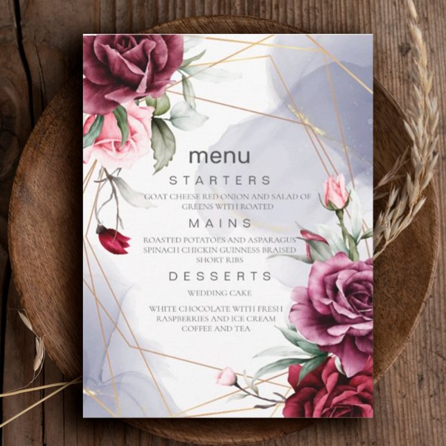 Convites Menu de casamento Elegante Burgundy Rosa vermelha  (#Romance #redroses #weddinginvitation #FloralRomance #romanticburgundy #Blush #elegantinvitation)