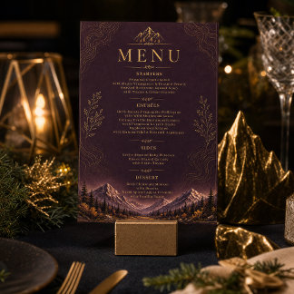 Convites Menu de Casamento Elegante Montanha Dourada Ameixa