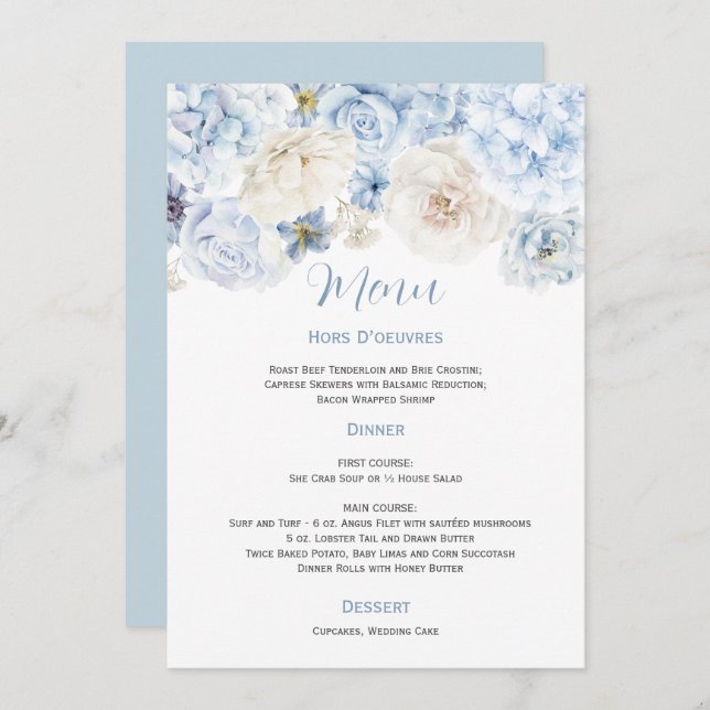 Convites Menu de Casamento Floral Azul e Branco Pálido (Frente/Verso)