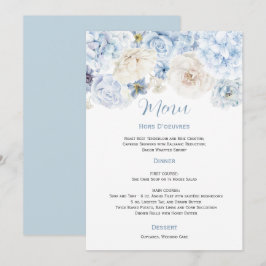 Convites Menu de Casamento Floral Azul e Branco Pálido