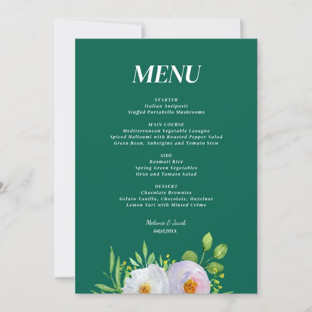 Convites Menu de Casamento Floral Verde Floresta para Impre (Frente)