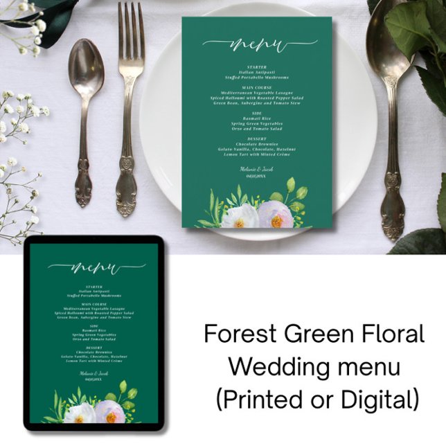 Convites Menu de Casamento Impresso Floral Verde Florestal (Criador carregado)