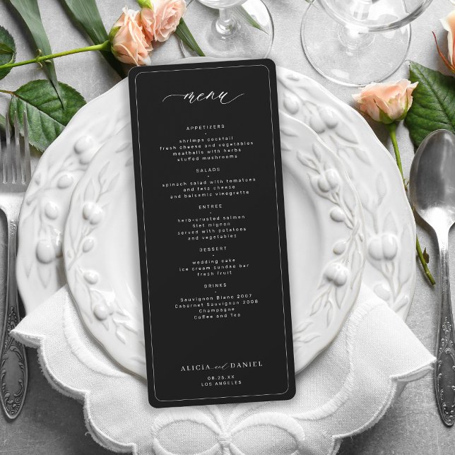 Convites Menu de casamento imprimível preto elegante (Criador carregado)