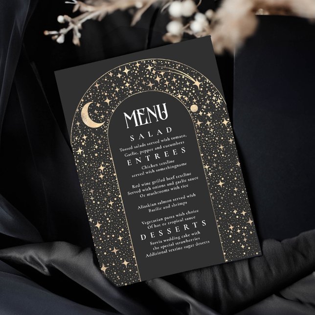 Convites Menu de Casamento Negro do Arco da Noite Celestial (Black Celestial Wedding Menu Cards)