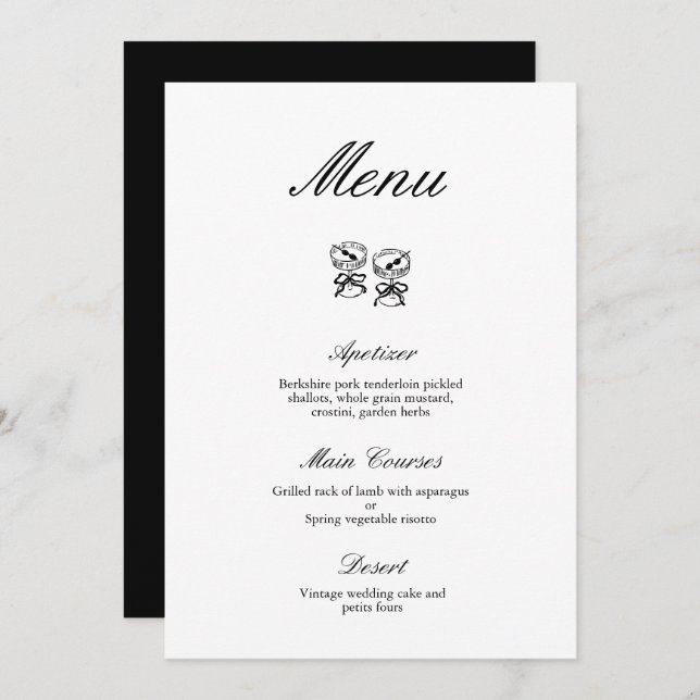 Convites Menu de Casamento Negro e Branco da Caligrafia Mod (Frente/Verso)