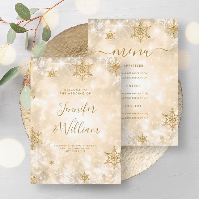 Convites Menu de Casamento no inverno Dourado Festivo Spark (Festive Sparkle Gold Winter Wedding Menu Invitation)