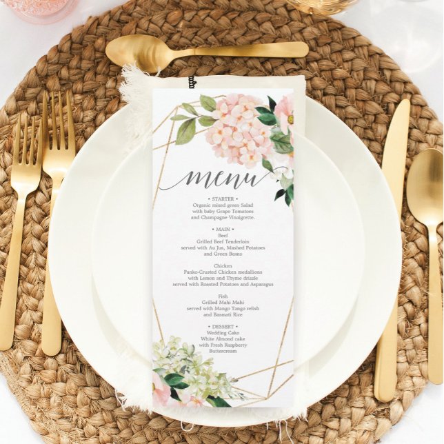 Convites Menu de Casamento ou Chá de panela Blush Hydrangea (Criador carregado)