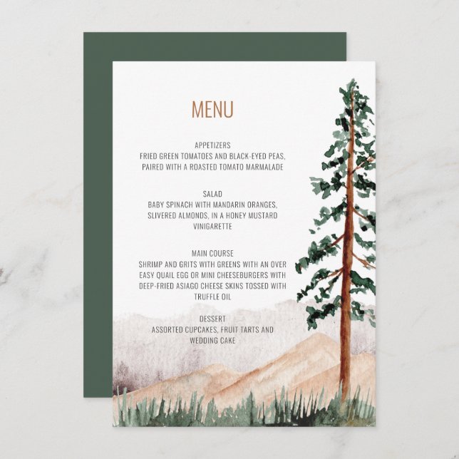 Convites Menu de Casamento Paisagem das Árvores de Montanha (Frente/Verso)