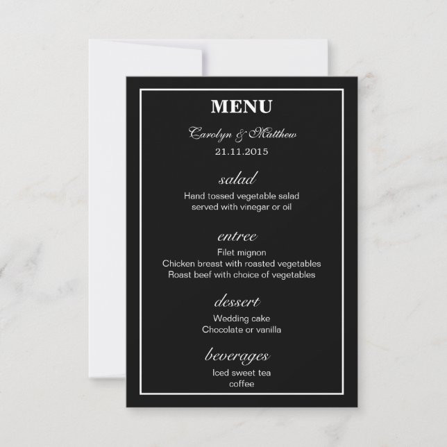 Convites Menu de Casamento Preto Simples Elegante (Frente)