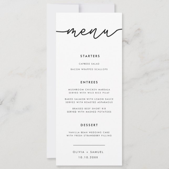 Convites Menu de Casamento Simples Moderno de Script Elegan (Frente)