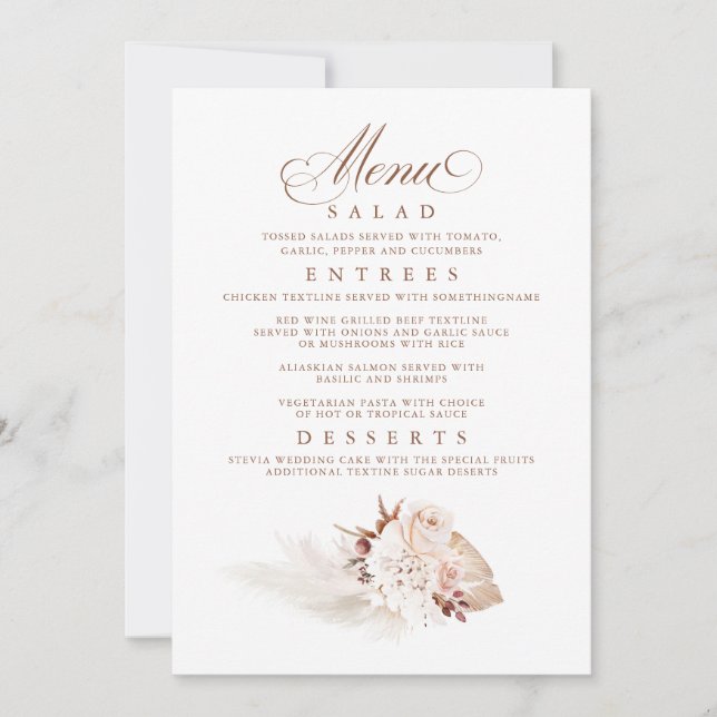 Convites Menu de Casamento Suave Elegante Pampas Grass (Frente)