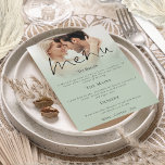 Convites Menu de Casamento Verde da Sage do Script Moderno<br><div class="desc">Download digital imprimível ou Menu de casamento verde de imagem do script moderno impresso. Um design elegante com sua foto na borda superior atrás de uma camada de cor graduada com o texto parcialmente sobreposto na parte superior da sua imagem em direção à parte inferior. O cabeçalho principal está em...</div>