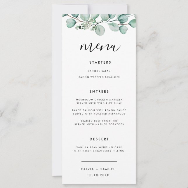Convites Menu de Casamento Verde Moderno de Script Elegante (Frente)