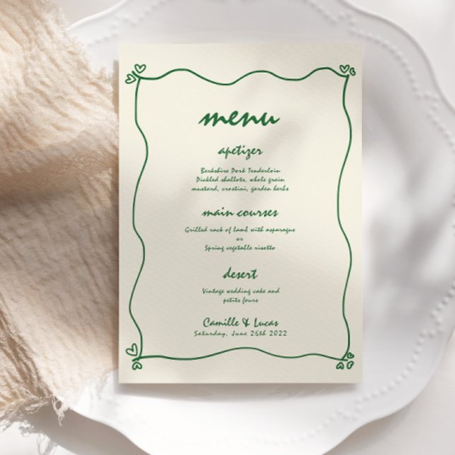 Convites Menu de Casamento Verde Whimsical com Letras Manus (Criador carregado)