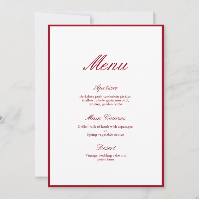 Convites Menu de Casamento Vermelho da Caligrafia Moderna (Frente)