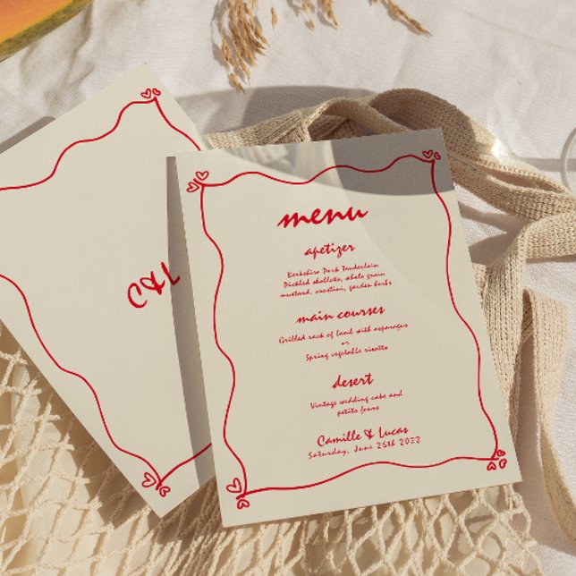 Convites Menu de Casamento Vermelho Whimsical com Letras Ma (Criador carregado)