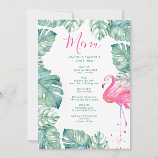 Convites Menu de Folhas de Aquarela Rosa Tropical Flamingo (Frente)