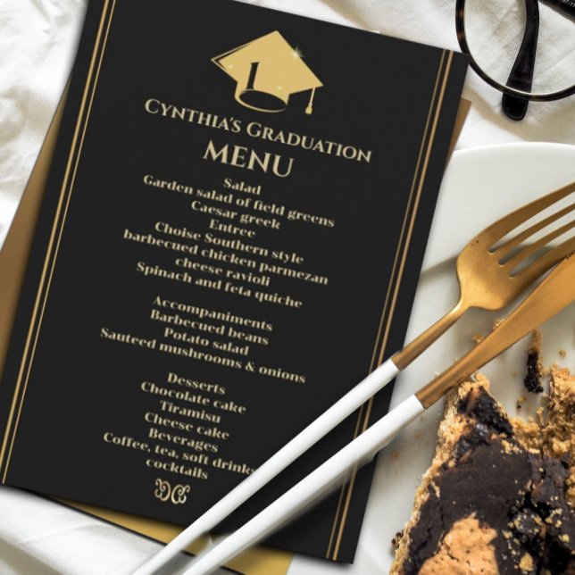 Convites Menu de Graduação Dourada a Preto Moderno (Modern and stylish menu graduation announcement/invitation. #senior #sparkles#highschooluniversity)