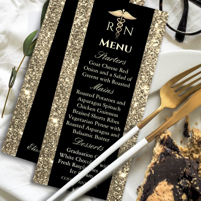 Convites Menu de Graduação Médica com Lâmpada Preta e Doura ("Elegant black and gold graduation menu – a perfect touch of luxury for your celebration!🎓#Graduate)