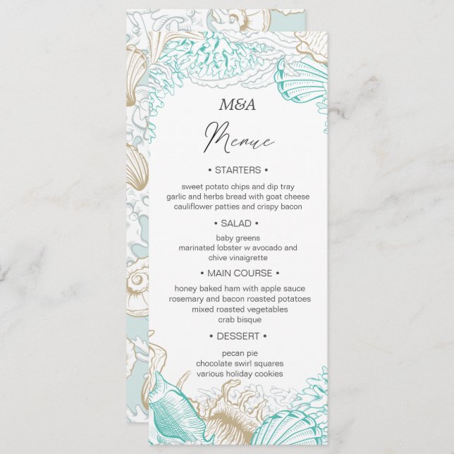 Convites Menu de Jantar de Casamento à beira-mar turquesa (Frente/Verso)